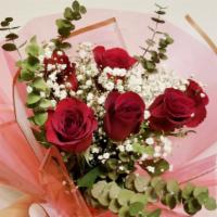 Half Of Dozen Red Roses With Baby’S Breath And Greenery Bouquet · A beautiful long stem half of dozen red roses with greens and Mist or Baby's Breath accent f...