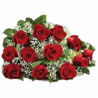 One Dozen Red Roses Wrapped  Bouquet · One dozen red roses wrapped in paper and cellophane (color of paper varies) includes greener...