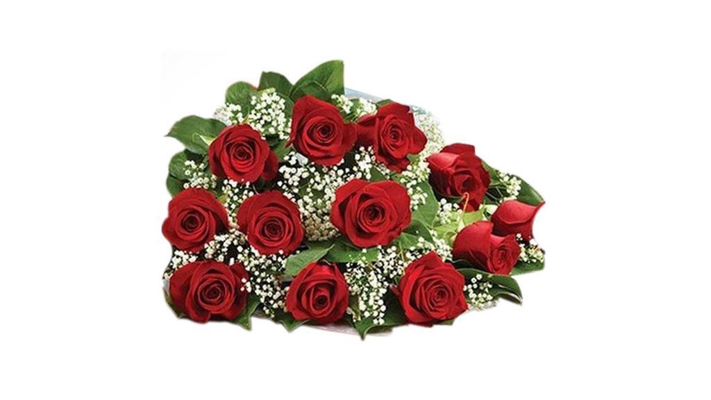 One Dozen Red Roses Wrapped  Bouquet · One dozen red roses wrapped in paper and cellophane (color of paper varies) includes greenery and Mist or  baby’s breath tied with a ribbon.

Note:  All selections shown are representative of the arrangements that we can prepare for you, however due to flower availability and seasonal variations we may not be able to fill your order exactly as illustrated. Your order will be filled to the specified amount with products of an equal or greater value.  As Flower are sensitive items, the size, shade, bloom, and color might difference from the image shown.