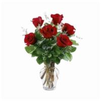 Half Dozen Red Roses Arrangement In Clear Vase Ii · Half a dozen red roses, Misty, and greenery arrangement in clear vase. 
***ENTER CARD MESSAG...