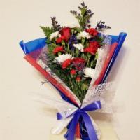 Honor A Hero Bouquet · Celebrate American pride with our patriotic bouquet. Highlighted by blue ribbon and red, whi...