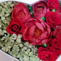 Sweetheart | Preserved/Dried Flower Box (Small Size) · 9” x 4.5” Heart shaped box filled combination of preserved rose, Sola Wood Peonies, and Hydr...