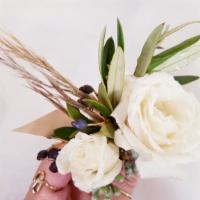 4 Boho White Roses Wrist  Corsages · White roses berries and greenery boho corsages with ivory ribbon.   
***Add Special Instruct...