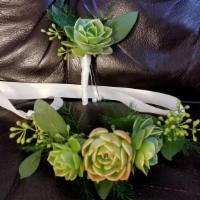 Succulents Necklet And Boutonniere · Set of necklet and boutonniere design using succulents and greenery with ivory ribbon.  This...