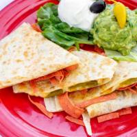 Quesadilla De Bandini · Flour tortilla filled with melted jack and cheddar cheese, mild California green Chile strip...