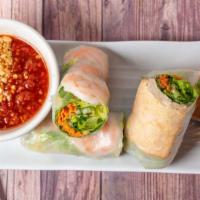 Summer Roll (Shrimp) · Two pieces of mixed vegetables and shrimp wrapped in rice paper, served with peanut sauce.