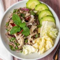 Larb Salad · Ground chicken, beef, or pork mixed in ground roasted rice, chili, lime juice, onions, scall...