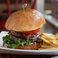 Bistro Burger  · Topped with grilled red onions, crisp bacon crumbles, creamy brie cheese, green leaf lettuce...