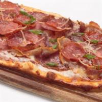Charcuterie Flatbread · Our homemade pizza sauce, topped with Mozzarella cheese, Genoa salami, pancetta, pepperoni, ...