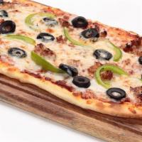 Italian Sausage Flatbread · Our homemade pizza sauce, topped with Mozzarella, crumbled Italian sausage, green bell peppe...