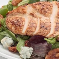 Balsamic Chicken Salad · Spring mix blend tossed with Gorgonzola cheese, topped with candied walnuts and grilled chic...
