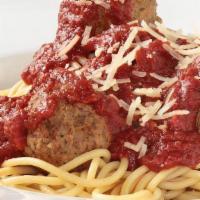 Spaghetti And Meatballs · Spaghetti topped with our homemade Marinara sauce and signature
meatballs. Topped with Parme...
