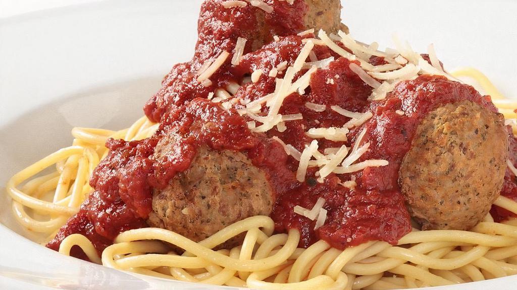 Spaghetti And Meatballs · Spaghetti topped with our homemade Marinara sauce and signature
meatballs. Topped with Parmesan.  Comes with an Oggi's garlic knot.