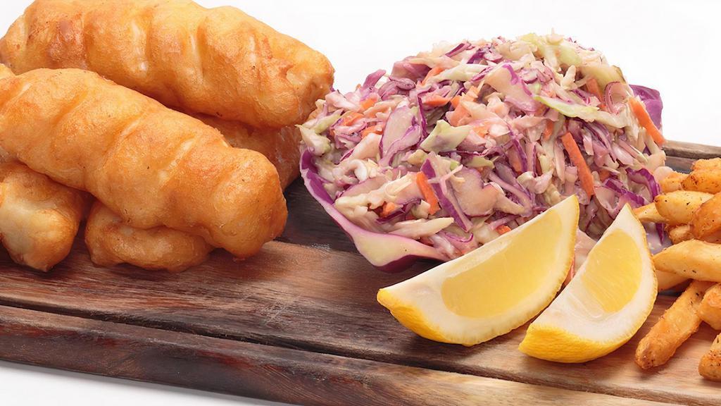 Beer Battered Fish & Chips  · Fresh cod fillets (3 or 4 pieces), beer battered with our own California
Gold and fried to a golden brown. Served with a side of our
seasoned fries, homemade coleslaw and tartar sauce.