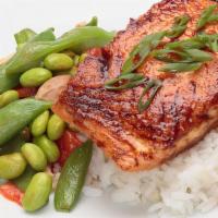 Miso Glazed Salmon · Miso Glazed 8oz salmon fillet, baked to perfection and served over sticky rice with a warm s...