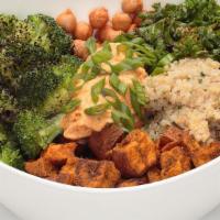 Havest Protien Bowl · A protein packed bowl with vegetarian quinoa, chili spiced kale, curried sweet potatoes, spi...