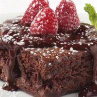 Oggi'S Fabulous Brownie · Decadent triple chocolate brownie, topped with chocolate ganache and fresh raspberries.