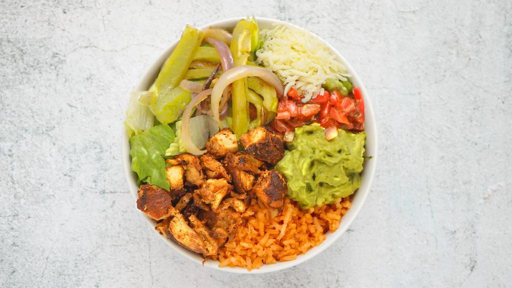Chicken Burrito Bowl · Grilled chicken, spanish rice, black beans, pico de gallo, and shredded cheese over romaine lettuce.