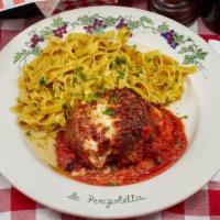 Polpettone 4 Formaggi · 10oz meatball filled with parmesan, pecorino, gorgonzola, mozzarella topped with tomato basi...