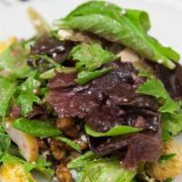 Asian Pear Salad · Baby Greens, Point Reyes Bleu Cheese, Asian Pear, Corn Bread Croutons, Spicy Walnuts, Raspbe...