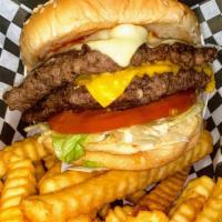 Double Cheese Burger · 2  Seasoned Patties 1/4 lb  on toasted  bun. With mayo, mustard, and ketchup. Has veggies of...