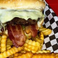 Bacon Ranch Burger · Toasted bun layered with ranch. Topped with lettuce, lettuce, tomatoe, onions and swiss chee...
