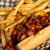 Bbq Boom · Toasted hoagie, smoked tri-tip & hotlinks covered in homemade BBQ sauce & grilled onions.
( ...