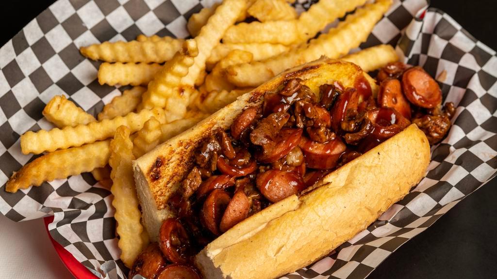 Bbq Boom · Toasted hoagie, smoked tri-tip & hotlinks covered in homemade BBQ sauce & grilled onions.
( Includes fries & drink )
