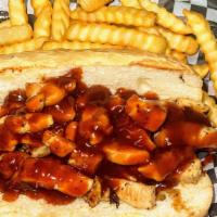 Bbq Chicken · Toasted hoagie, smoked chicken covered in homemade BBQ sauce & grilled onions.
( Includes fr...
