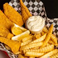 4 Pc Fish And Fries · 4 piece fish dippers and side of fries. included with tartar sauce and hot sauce.