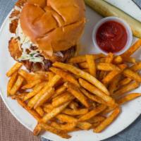 Nashville Hot Chicken Sandwich · fried chicken breast, Nashville hot oil, comeback sauce, slaw, pickles. gfo