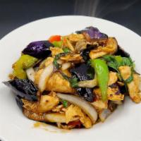 Spicy Eggplant · Spicy. Eggplant, bell pepper, onion, basil, spicy garlic chili sauce.