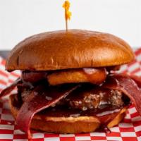 Bbq Bacon Burger · BBQ sauce, onion ring, bacon, and patty.