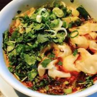 Chili Wontons · Hot and spicy. Chicken steamed wontons, flavorful chili-soy seasoned broth.