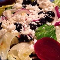 Personal Dinner Salad · Mixed greens, black olives, red onions, cucumber slices, fresh tomatoes, cheese blend, and c...