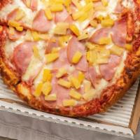 Hawaiian · Canadian bacon, chunks of sweet pineapple over red sauce and mozzarella.