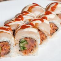 Spicy Killer Roll · Spicy Tuna and Cucumber, Albacore Tuna, Topped with Spicy Sauce