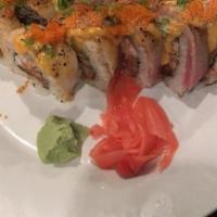 Mj Roll · Deep-Fried Shrimp, Spicy Tuna, Crab Mix, 5 Kind of Fish and torched with Spicy Sauce, Tobiko
