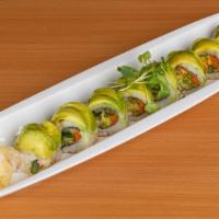 Asparagus Roll · Asparagus tempura, cucumber, carrot, topped with avocado and unagi sauce