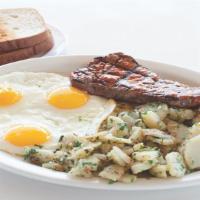 Steak & Eggs · Three large eggs, country potatoes, choice of toast.