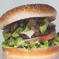 Avocado Mushroom Burger · Mayo, lettuce, tomato, grilled onions, mushrooms, avocado, swiss cheese.