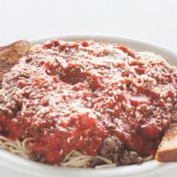 Spaghetti Bolognese · Home made bolognese sauce, garlic toast.