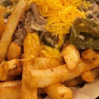 Pulled Pork Chili Verde Fries · Fries Tossed in Cotija Cheese, Topped with our Pulled Pork-Infused Green Chili, Cheddar Chee...