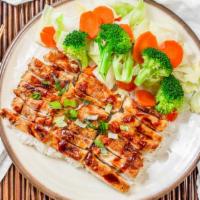 Chicken Veggie (S) · Bed of white rice, teriyaki grilled chicken and veggies. One Size plate.