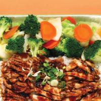 Chicken Veggie (L) · Bed of white rice, teriyaki grilled chicken and veggies. One Size plate.