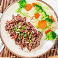Beef Veggie (S) · Bed of white rice, teriyaki grilled beef and veggies. One Size plate.