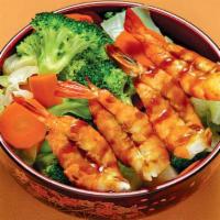 Shrimp Veggie (S) · Half bed of white rice, veggies with 4 grilled teriyaki shrimp. Extra shrimp 3pcs.: add $1.99