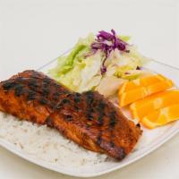 Salmon Plate · 2 pieces of teriyaki grilled wild cut salmon, bed of white rice, with small half salad (orie...