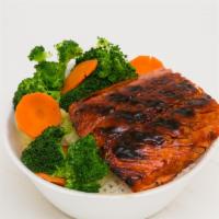 Salmon Veggie Bowl · one grilled teriyaki wild cut salmon. It comes with bed of white rice and steam (Cabbage, br...
