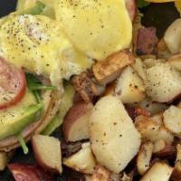 Benedict Florentine · Two eggs (any style), a toasted English muffin, spinach, tomatoes, Canadian bacon, and avoca...